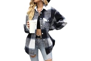 Oyamiki Women's Long Sleeve Flannel Plaid Wool Blend Coats Button Down Shirt Jacket Shackets