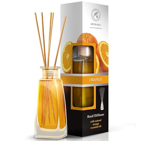 Raumduft Diffuser mit Natürlich Ätherischen ORANGE Öl 100ml - mit Rattanstäbchen - 0% Alkohol - Bester Raumlufterfrischer fur