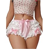 BEAUDRM Women's Ruffle Lace Trim Underwear Satin Cute Bow Mid Rise Comfy Bikini Panty