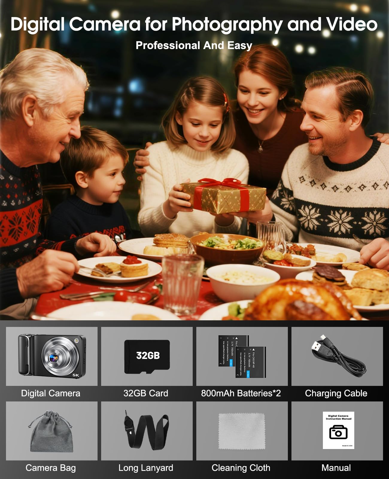 5K Digital Camera for Photography, 64MP Touchscreen WiFi Camera with Autofocus 6X Optical & 16X Digital Zoom, Dual-Lens Vlogging Camera for YouTube Video Anti-Shake, Travel Compact Camera with Flash