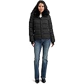 TAHARI Women's Short Quilted Puffer Jacket With Faux Fur Collar, Detachable Hood & Zipper Closure