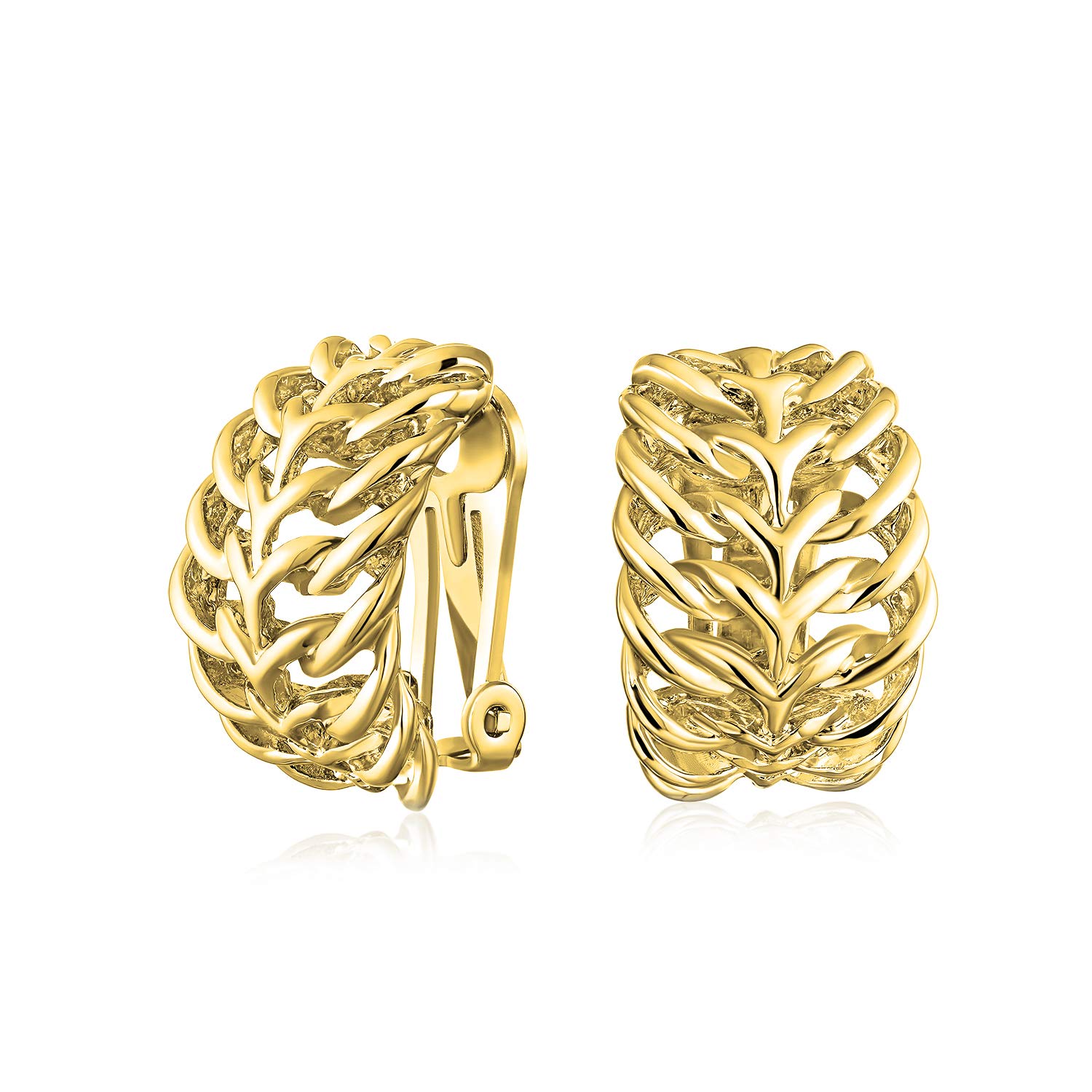 Fashion Open Weave Cable Leaf Feather Wide Half Hoop Clip On Earrings For Women Non Pierced Ears Gold Plated Brass — image 1