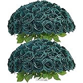 IUKnot 50pcs Emerald Green Roses Artificial Flowers Bulk,Fake Roses Silk Flower with Stems Realistic Flowers for Wedding Centerpiece Home Party Decor