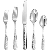 KEAWELL Premium Louise Hammered 20/45/65-Piece Silverware Set (20) | 18/10 Stainless Steel Fine Flatware Set; Round-Edge Design; Service for 4/8/12; Brilliant Mirror Finish; Dishwasher Safe