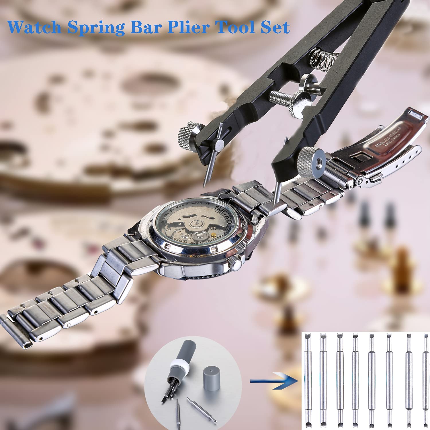 Watch Spring Bar Plier Tool, Spring Bar Tweezer, Watch Band pliers with Robust 8 Alloy Steel Pins, Watch Band Pins Replacement Tool