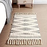 Boho Runner Rug Washable Hallway Rug Runner, Tufted Woven Cotton Farmhouse Area Floor Mat for Bedroom, Modern Diamond Entryway Carpet with Tassels (Grey, 2'x4.3')