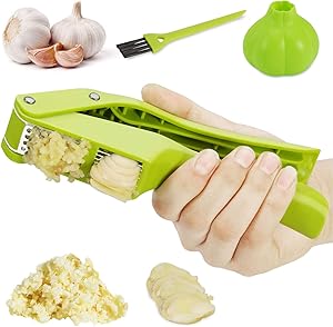 Garlic Press – 2-in-1 Garlic Mincer and Slicer – Large Garlic Presser Crusher with Cleaning Brush and Peeler – Food-Grade ABS and Stainless-Steel Garlic Press with Ergonomic Handle – Easy to use