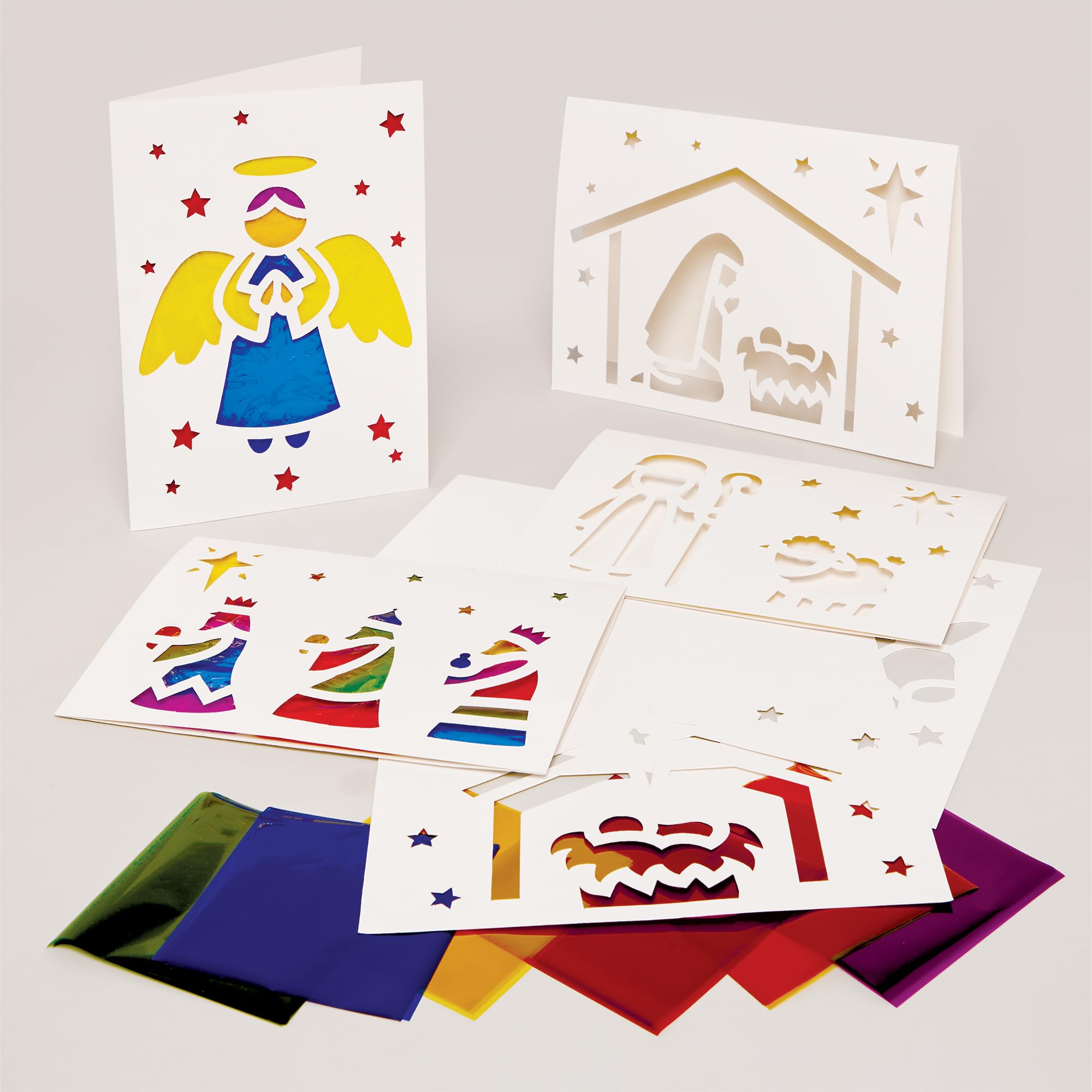 Baker Ross FX891 Nativity Stained Glass Card Kits - Pack of 6, Christmas Decoration Craft Kits for Kids
