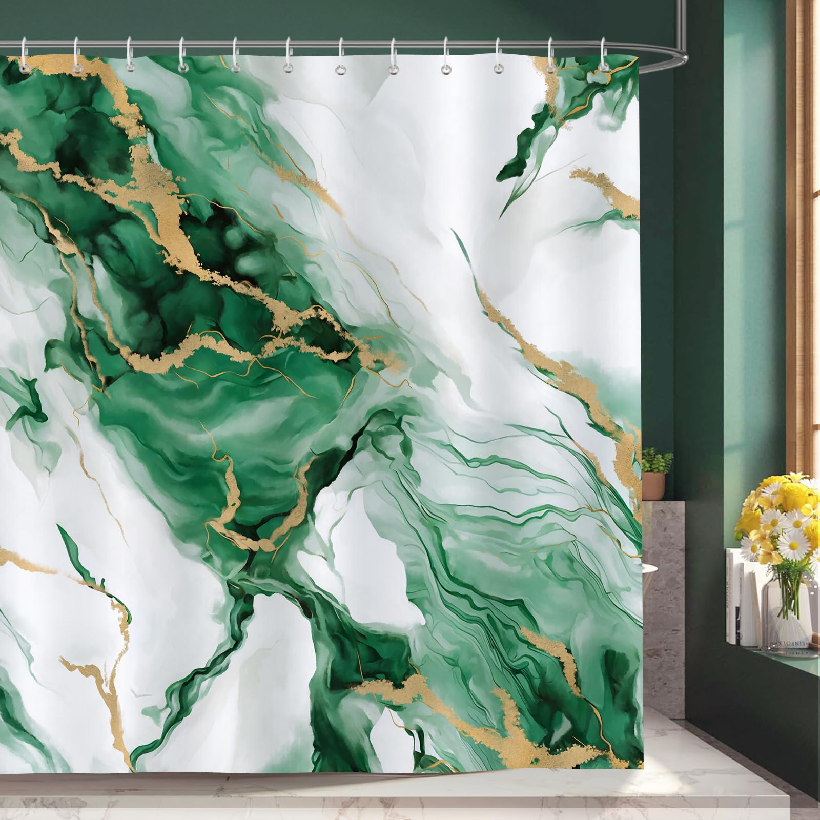 Bonhause Green Marble Shower Curtain Gold Emerald Ombre Texture Abstract Modern Luxury Bathroom Curtain 180 x 180 cm Waterproof Mildew & Mould Resistant Polyester Bath Curtain with 12 Hooks