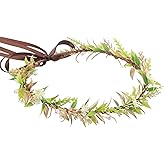 KorViSHOW Golden Green Flower Crown, Artificial Fairy Flower Headband with White Floral, Renaissance Hair Accessories for Women Girls Bridal Wedding Birthday Vacation Festival Party Photo Props