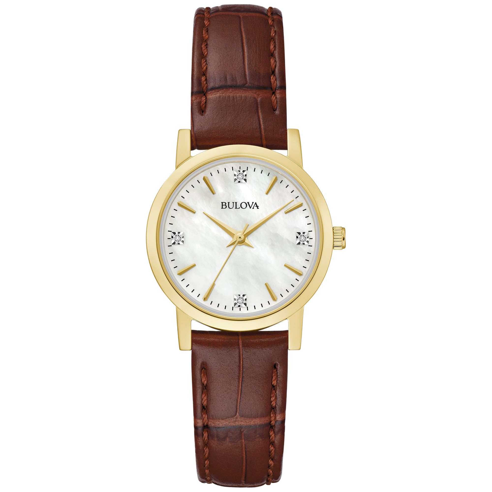 Photo 1 of Bulova Ladies' Classic Diamond Gold Stainless Steel 3-Hand Quartz Watch, Brown Leather Strap, 27mm Style: 97P170