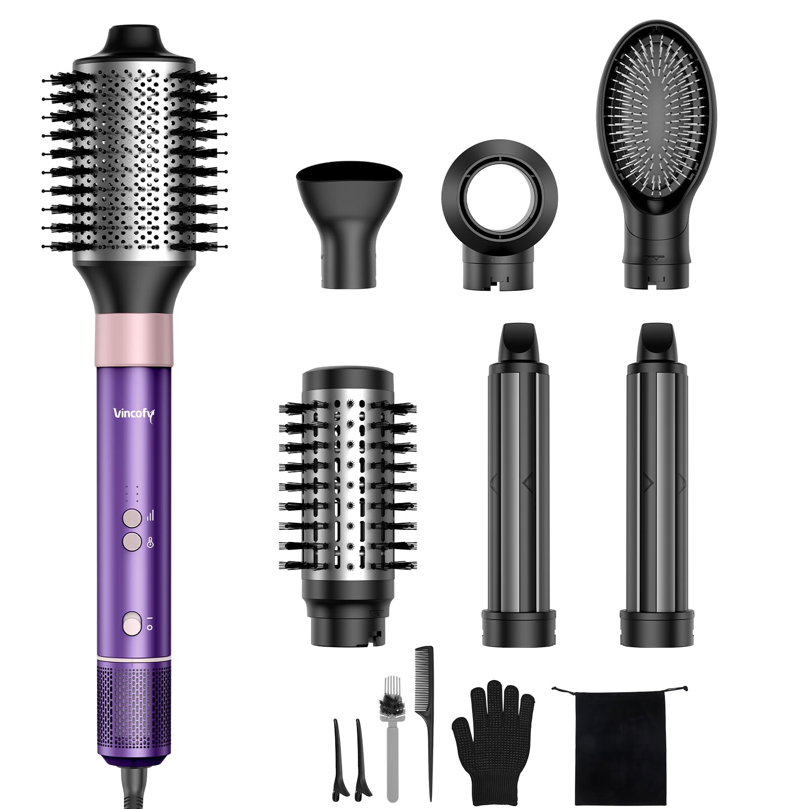 Photo 1 of Vincofy 7-in-1 Hair Dryer Brush and 1500W Hair Styler Set – Fast Drying, Curling, Straightening & Volumizing – Hot Air Styling Tool with No Heat Damage – for All Hair Types – Purple