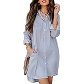 Aoudery Womens Button Down Shirt Dresses with Pockets Striped Cotton Shirts Collared Long Sleeve High Low Blouse Tops