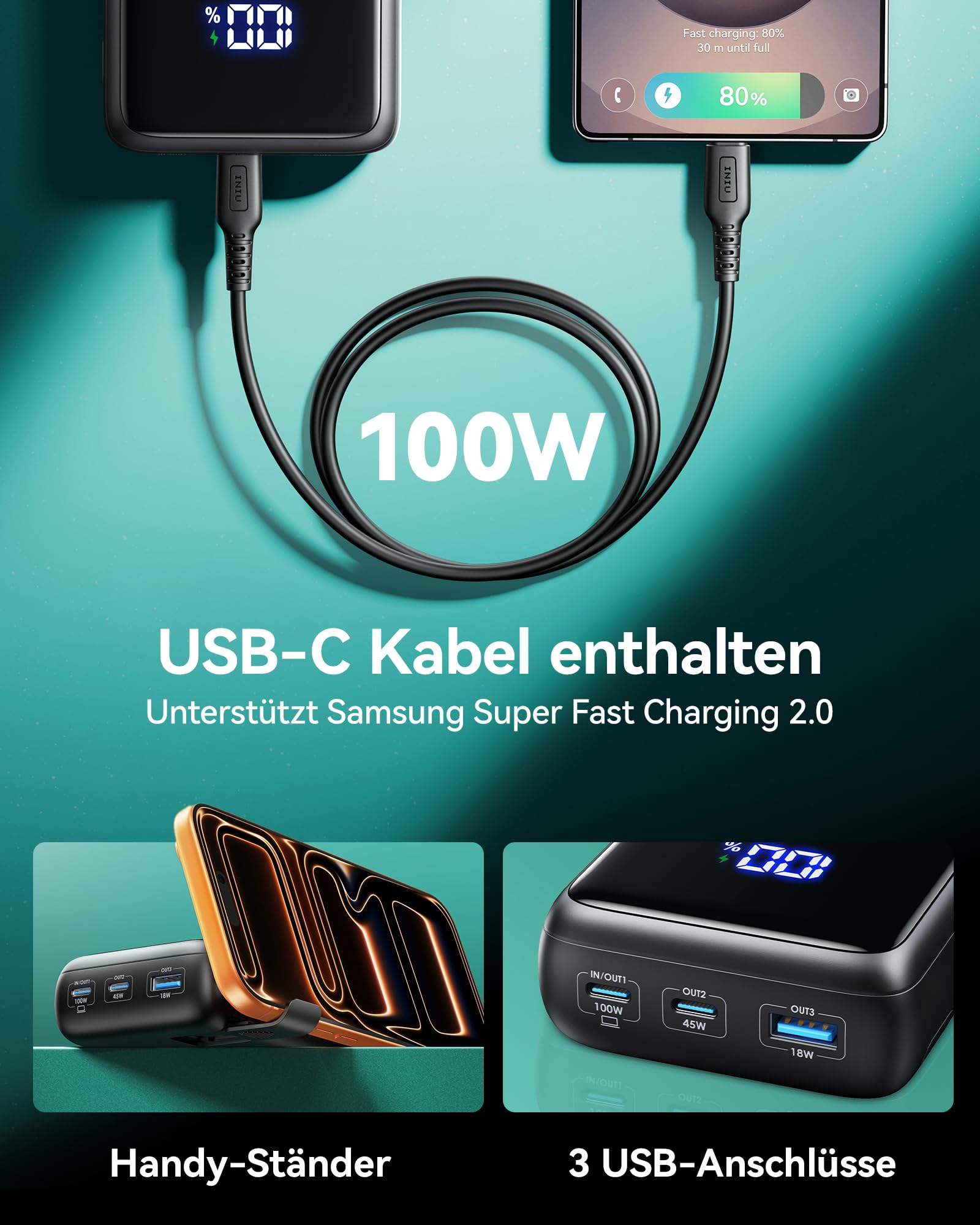 INIU 25000mAh Laptop Power Bank, Kompakt 100W Schnellladung mit USB C Kabel 4