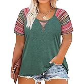 TIYOMI Plus Size T Shirt Tunic Tee Color Block Crewneck Raglan Summer Short Sleeve Tee XL-5XL