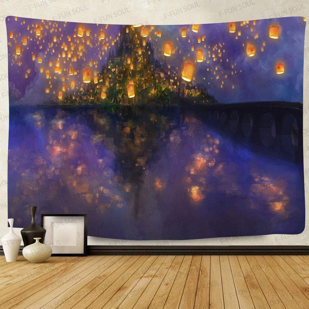 Tapestries - F-FUN SOUL Night Castle Tapestry, Large 80x60inchs Soft Flannel, Cartoon Castle lantern Fuzzy Pattern Wall Hanging Tapestries for Bedroom Living Room Decor DSFS761
