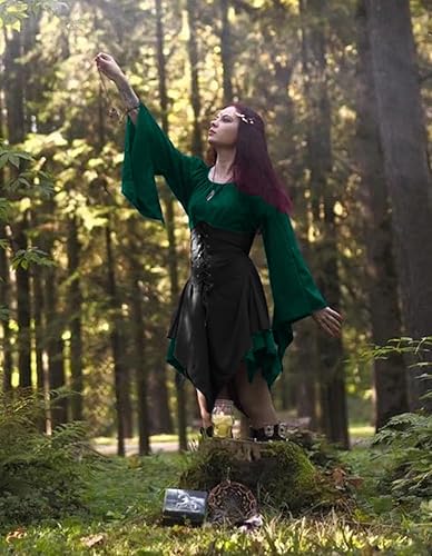 Middeleeuwse kleding voor dames, Ierse jurk, jurk, renaissance, elfen, cosplay kostuum, set 8 stuks met elfenoren, elfenhoofdringen, riem, vintage zakken, rokclips, overknee-sokken en leren riem