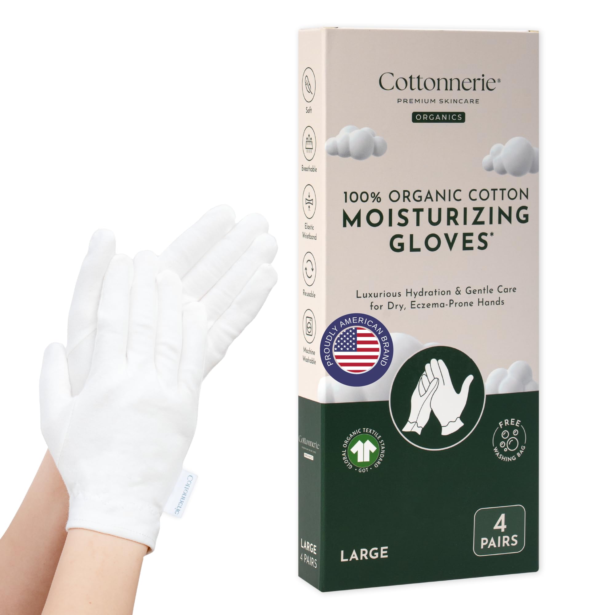 Extra Large, XL Moisturizing Gloves OverNight Bedtime Cotton Cosmetic Inspection Premium Cloth Quality Eczema Dry Sensitive Irritated Skin Spa Therapy Secure Wristband (4 Pack)