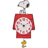 Mark Feldstein Peanuts Snoopy Doghouse Pendulum Wall Clock, 12 in | Officially licensed collectible; stamped metal; keyhole mount; 1 AA battery not included; ships in protective packaging