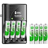 EBL Rechargeable AAA Batteries with Charger with AC Plug for AA/AAA/9V | Mercury-Free, 1200 Cycles, Charger with AC plug, 8 AAA batteries. Also charges 9V. Ideal for remotes, toys, flashlights