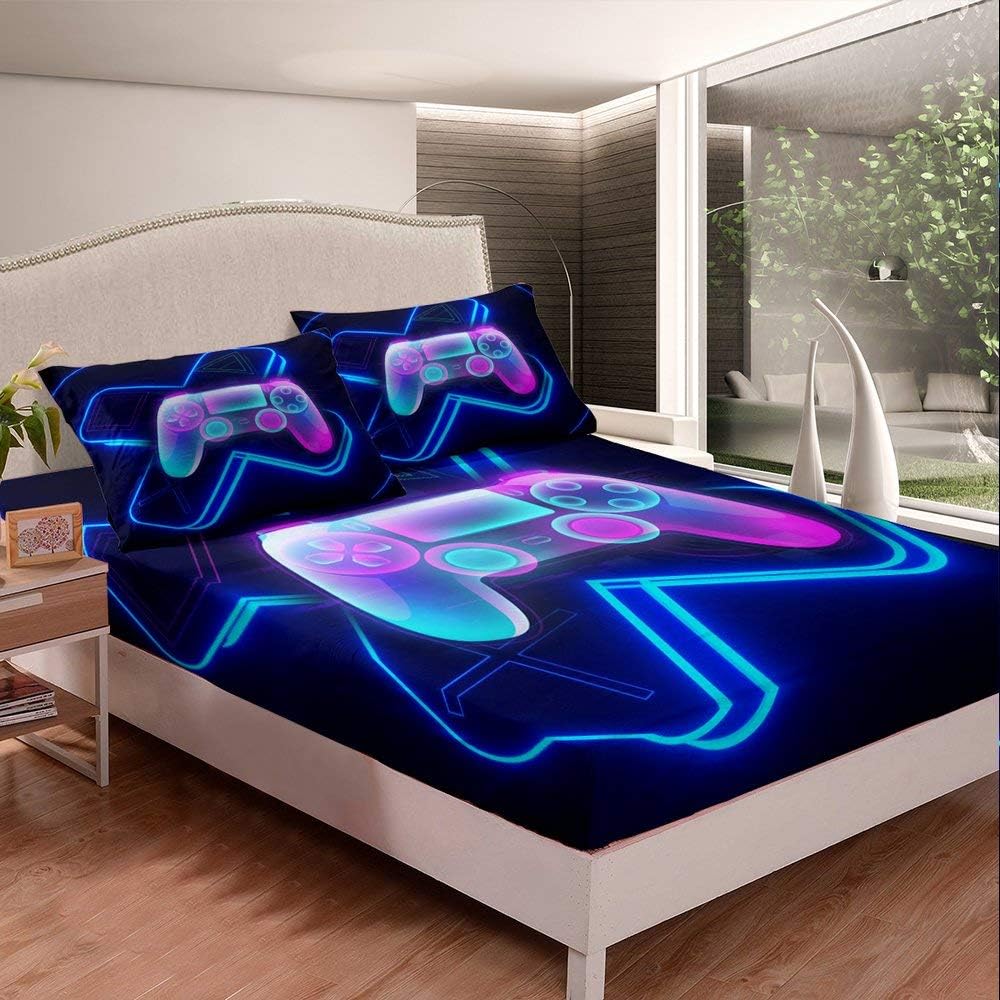 Erosebridal Games Bedding Set, Teens Gaming Fitted Sheet for Bedroom Living Room, Gamer Bed Cover, Boys Adults 3D Gamepad Bedding Set for Full Mattress Decor,Purple Blue, with Deep Pocket
