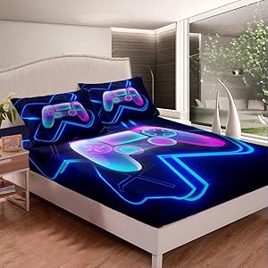 Erosebridal Games Bedding Set, Teens Gaming Fitted Sheet for Bedroom Living Room, Gamer Bed Cover, Boys Adults 3D Gamepad Bedding Set for Full Mattress Decor,Purple Blue, with Deep Pocket