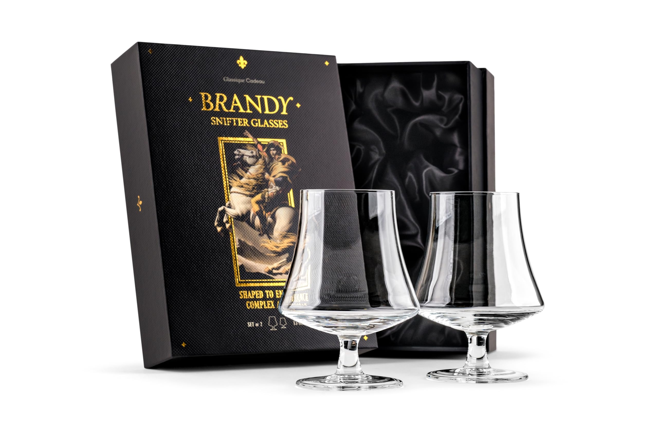 GLASSIQUE CADEAU 440 ml Medium Brandy, Cognac, and Armagnac Snifter Glasses | Set of 2 | Crystal Sniffer Bowls with Short Stem | Elegant Drinking and Tasting Glassware for Liquor and Spirits
