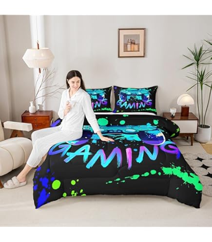 Parure De Lit 3 Pièces Reine - Motif Manette De Jeu - Housse De Couette Légère - Design Géométrique Losanges