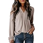 Dokotoo Womens Tops Casual Pleated V Neck Puff Long Sleeve T Shirts Loose Tunic Business Blouse