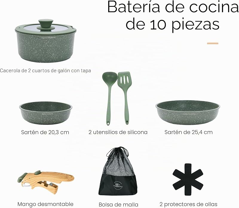 Juego de Sartenes Antiadherente 10 piezas con Mango Desmontable Verde