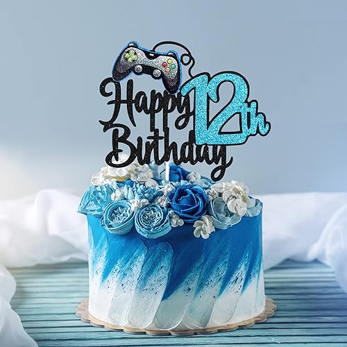 Video Game Happy 12th Birthday Cake Topper Video Game Boy's 12th Birthday  Party Blue Cake Supplies Game On