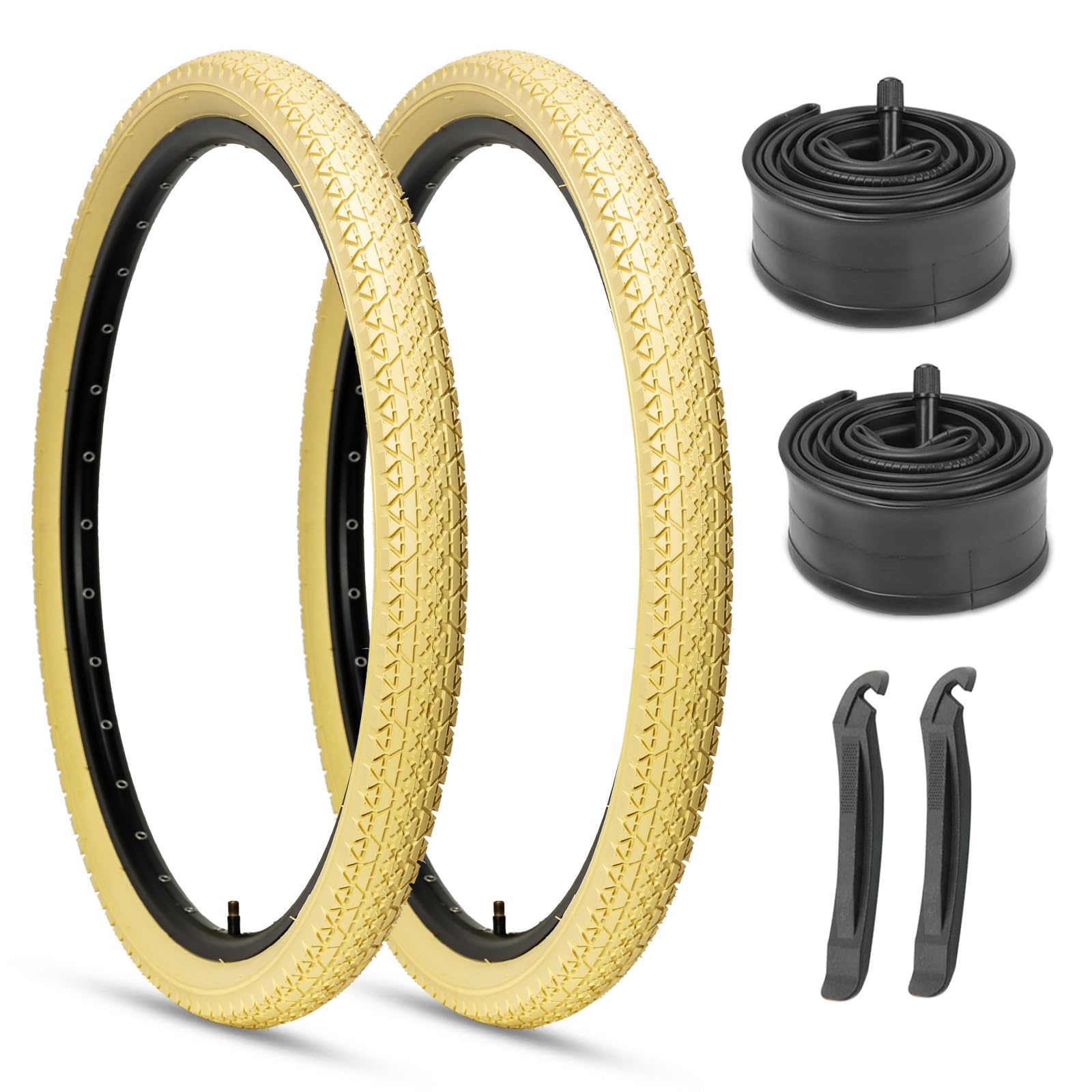 Photo 1 of 2-Pack Cruiser Bike Tires Set: Hycline 26x2.125 Inch (57-559 mm) Folding Replacement Bicycle Tires and Pair 26-inch Inner Tubes with Tire Levers for Beach or Urban City Commuter Bike-Cream