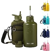 FAHRMOSIS 64 Oz Insulated Water Bottle with Strap Stainless Steel Sports Water Bottle with 3 Lids (Straw, Chug and Flip Lid) Leak Proof Metal Half Gallon Jug for Men & Women - Army Green