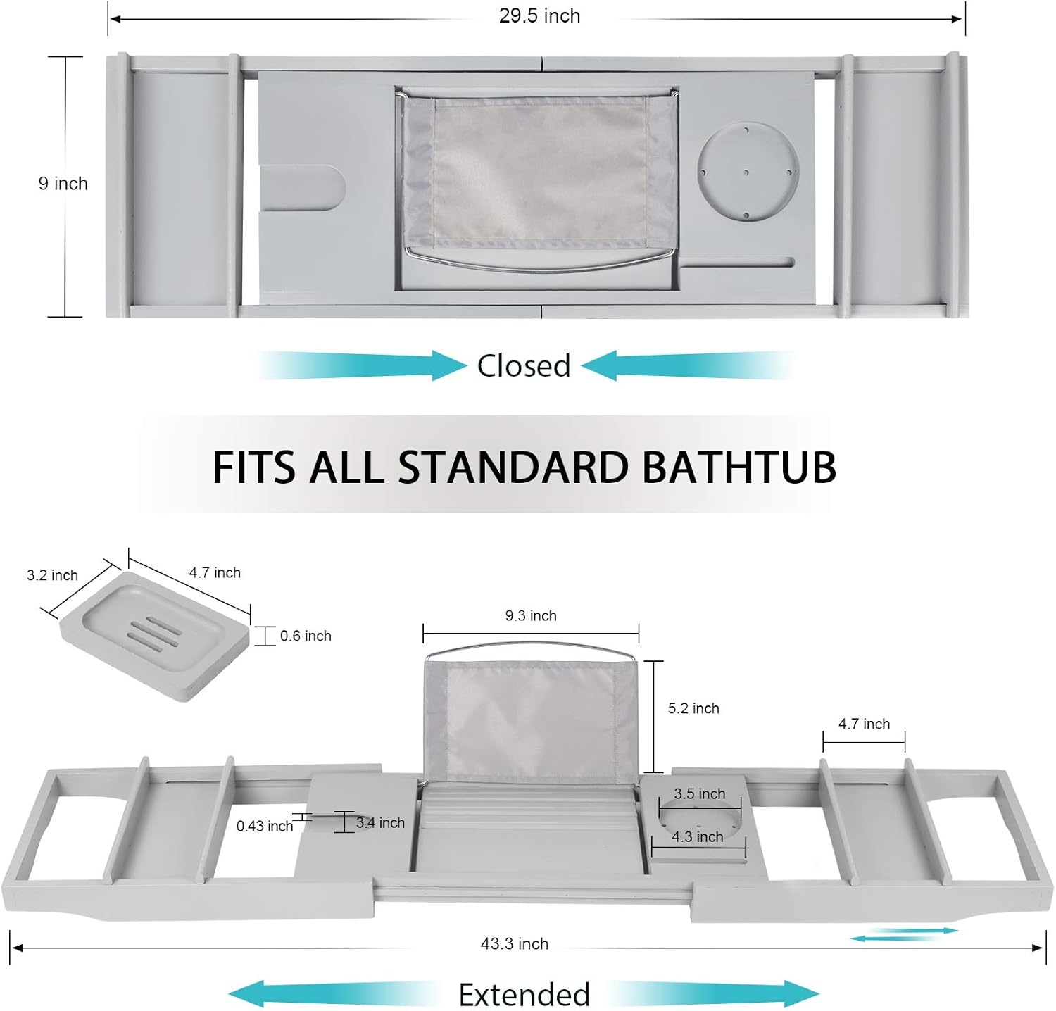 Artmalle Luxury Bamboo Bathtub Caddy Tray with Book and Wine Holder,Bath Accessories & Bed Tray with Extending Sides,Bathroom Organizer for Men/Women,Free Soap Holder,Gray: Home & Kitchen