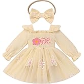 ODASDO Baby Girls First Birthday Outfit Sqaure Neck Ruffle Long Sleeve Tulle Tutu Romper Dress with Bow Headband