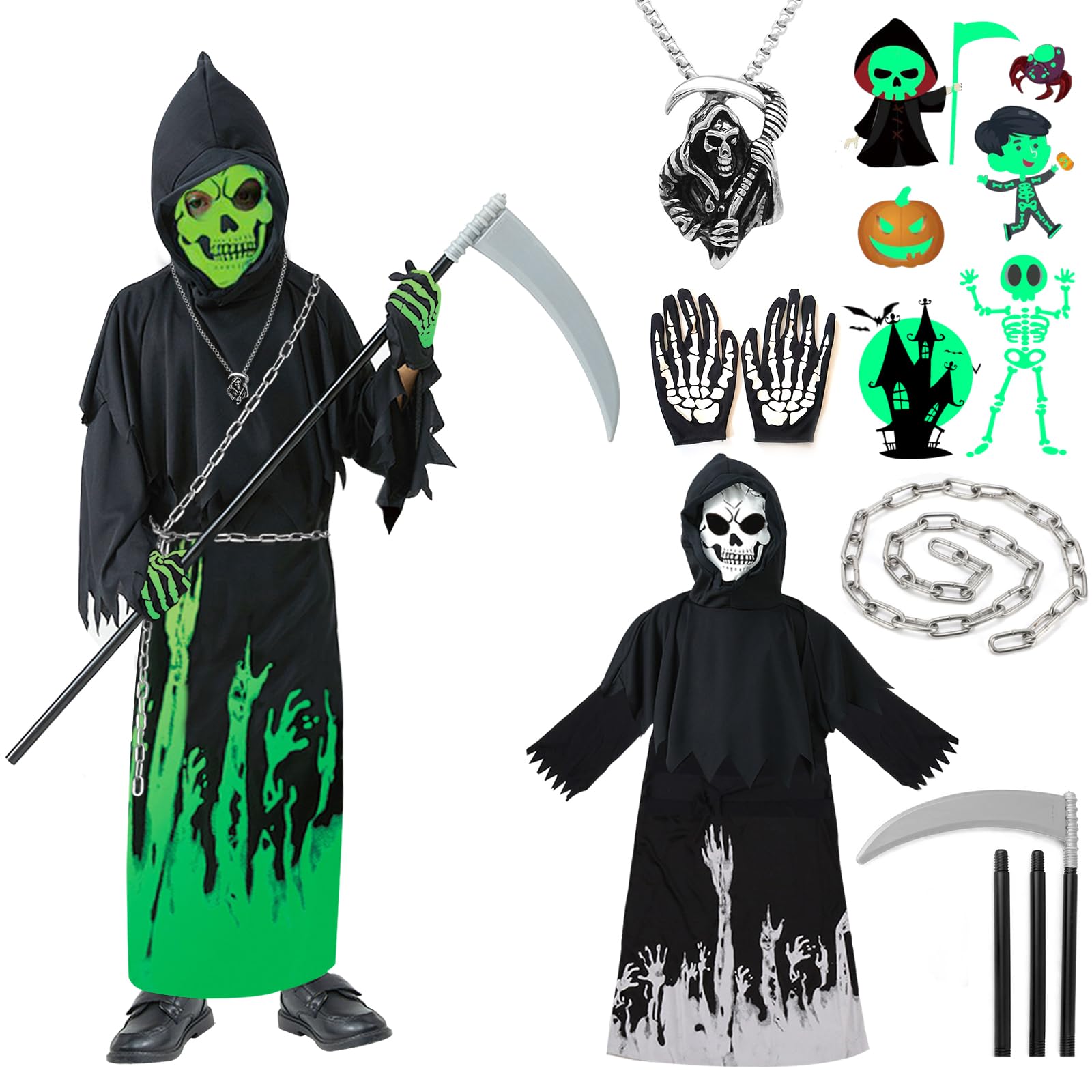 YADODO Grim Reaper Costume Kids Boys 10-1111-12 with Scythe Chain Glow In The Dark Grim Reaper Outfit Fancy Dress Kids Light up Ghost Face Skull Scream Scary Halloween Zombie Death Costume Boys