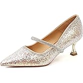 Women's Glitter Kitten Heel Pumps with Rhinestone Strap Stylish Pointed Toe Slip On Low Heel Mary Janes Sparkly Evening Banquet Date Bridal Dress Pump Shoes