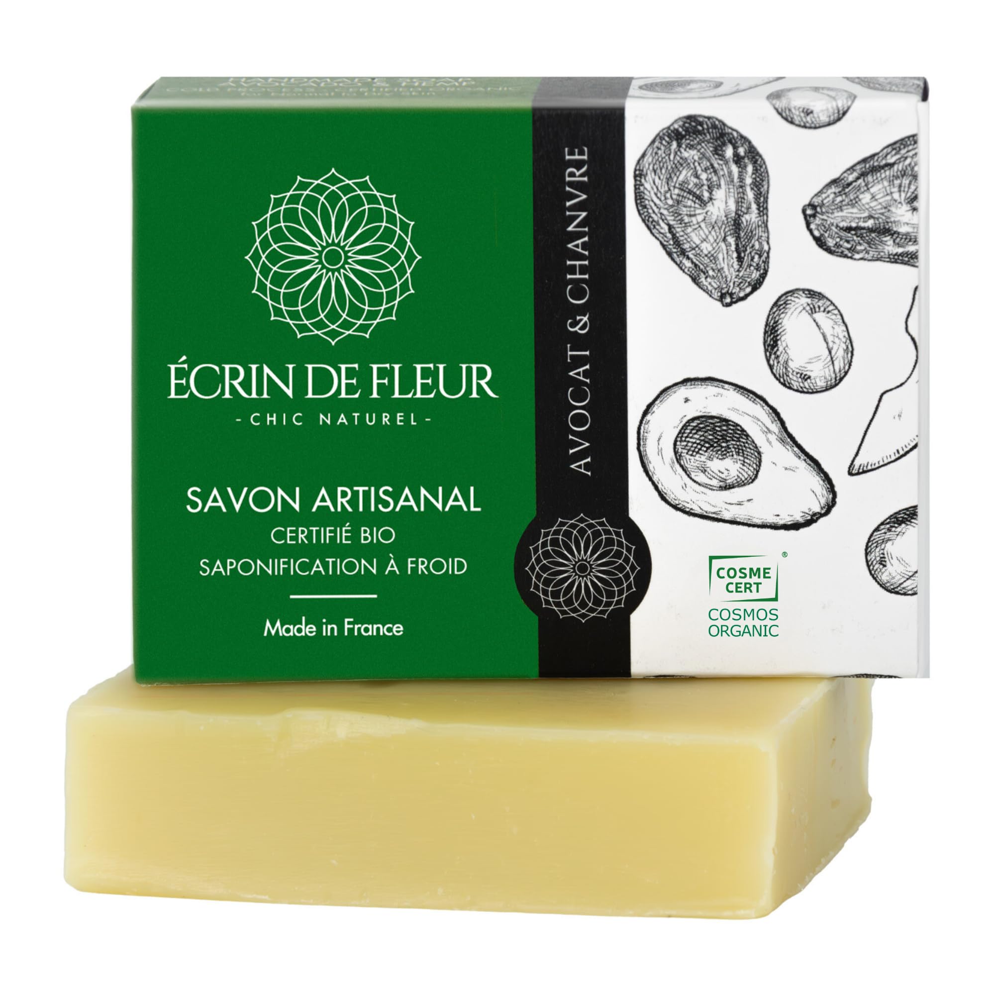 Écrin de Fleur – Organic Avocado & Hemp Soap Bar, Handmade in France, COSMOS & Nature et Progrès Certified, Orange & Ylang-Ylang, 90g