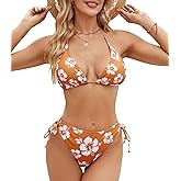 SEAFORM Womens Two Piece Bikini Set Vintage Print Sexy Swimwear Halter String Triangle Swimsuit Back Self Tie Spaghetti Strap