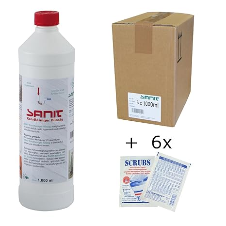 SANIT - RohrReiniger flüssig - VPE: 6 Flaschen a' 1000ml - im Set inkl. 6 St. DEWEPRO® Single Scrubs