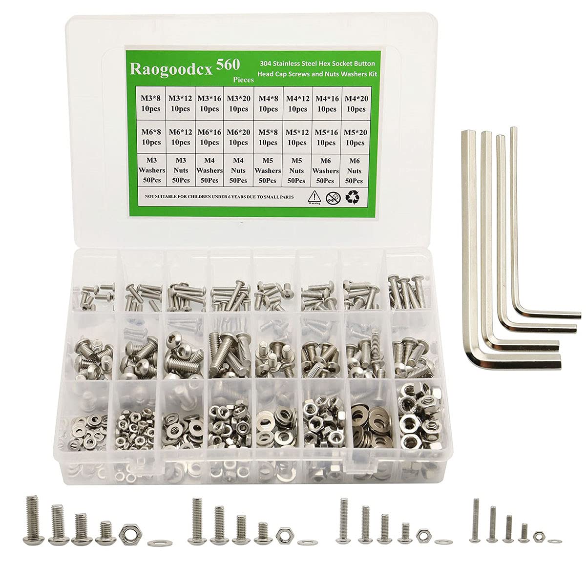 560 Pieces M3 M4 M5 M6 304 Stainless Steel Hex Button Head Cap Bolts Screws Nuts Washers Assortment Kit with Hex Wrenches