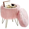 GREENSTELL Vanity Stool Chair with Storage, 13.5" W x 18" H Round Faux Fur Ottoman with 4 Metal Legs, Furry Padded Seat, Modern Multifunctional Makeup Stool for Bedroom Living Room Pink