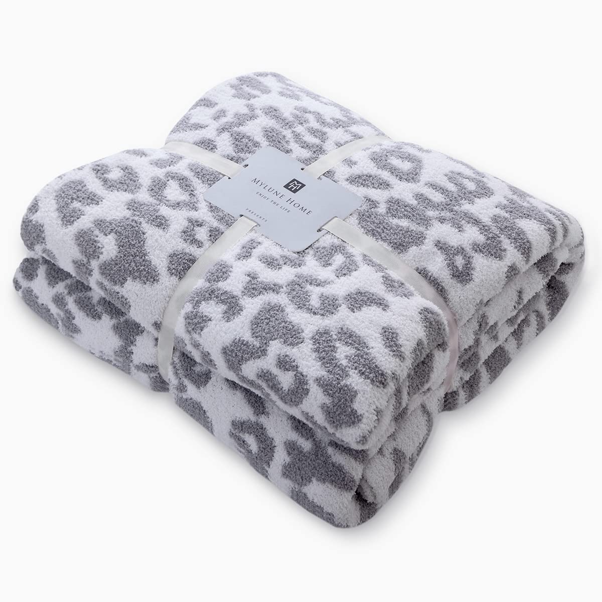 MH MYLUNE HOME Fleece Sofa Bed Throw Blanket - Dual Sided Leopard Pattern Blankets 130x160 cm, Fluffy Super Soft Warm Reversible Throws for Couch Chair Settees, White/Grey