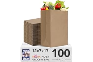 Mesha 100Pcs Paper Grocery Bags 12 x 7 x 17 Inches Bulk, Heavy Duty 60 Lbs Kraft Brown Paper Bag, Large Grocery Kraft Sacks -Takeout, Restaurant, Retail, Shopping
