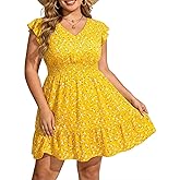 Talisea Womens Plus Size Summer Dress Yellow Floral Casual Boho V Neck Ruffle Sleeve Flowy Short Sundress Pockets Beach
