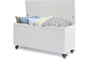 Evajoy Storage Chests, Retro Storage Bench and Trunks with Wheels, Toy Storage Box with Safety Hinge, Wooden Flip-Top Blanket Organizer with Seating for Entryway, Bedroom, Living Room