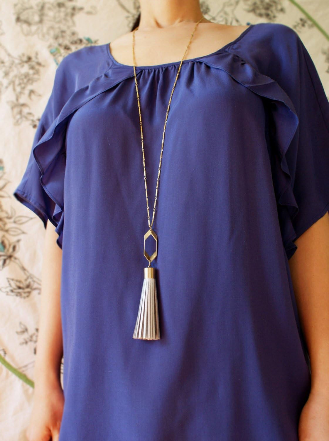 Hexagon statement necklace, honeycomb tassel pendant necklace, gold hexagon link metallic silver leather tassel, minimal jewelry