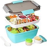 Salad Container for Lunch, SWKIEN 68 oz Salad Bowl with 5-Compartment, Bento Lunch Box Container with 2pcs Salad Dressing Con