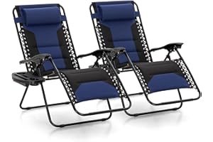 MFSTUDIO Padded Zero Gravity Chair Set of 2, Folding Patio Lounge Recliner with Adjustable Pillows & Cup Holder for Poolside Backyard, Support 400lbs(Navy Blue)