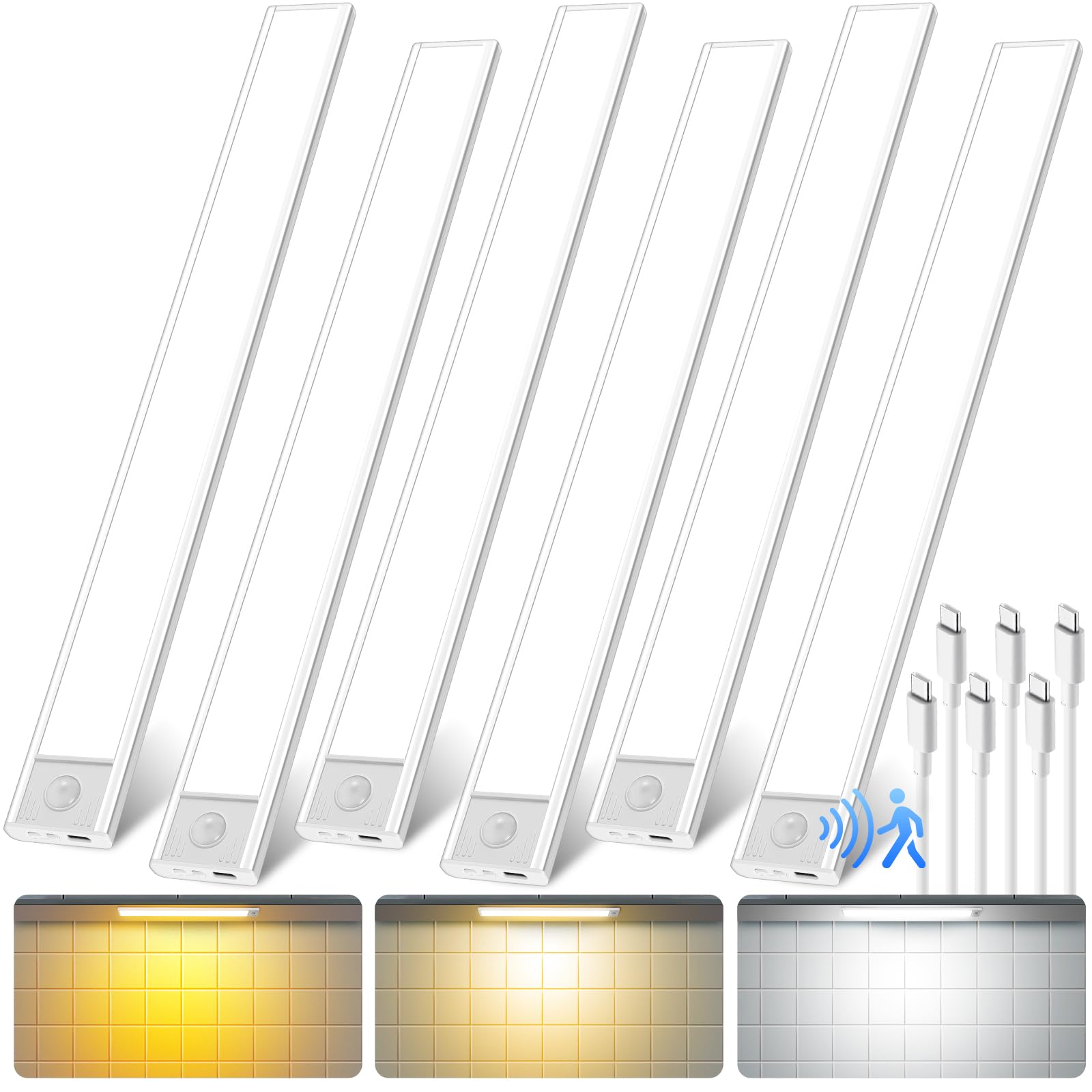 Photo 1 of QENLAI 16 inch Under Cabinet Lighting, 80 LED Motion Sensor Closet Light, 1500mAh Rechargeable Battery Dimmable 3 Color Temperature Magnetic Wireless for Kitchen, Shelf, Stairs, Wardrobe, 6 Pack